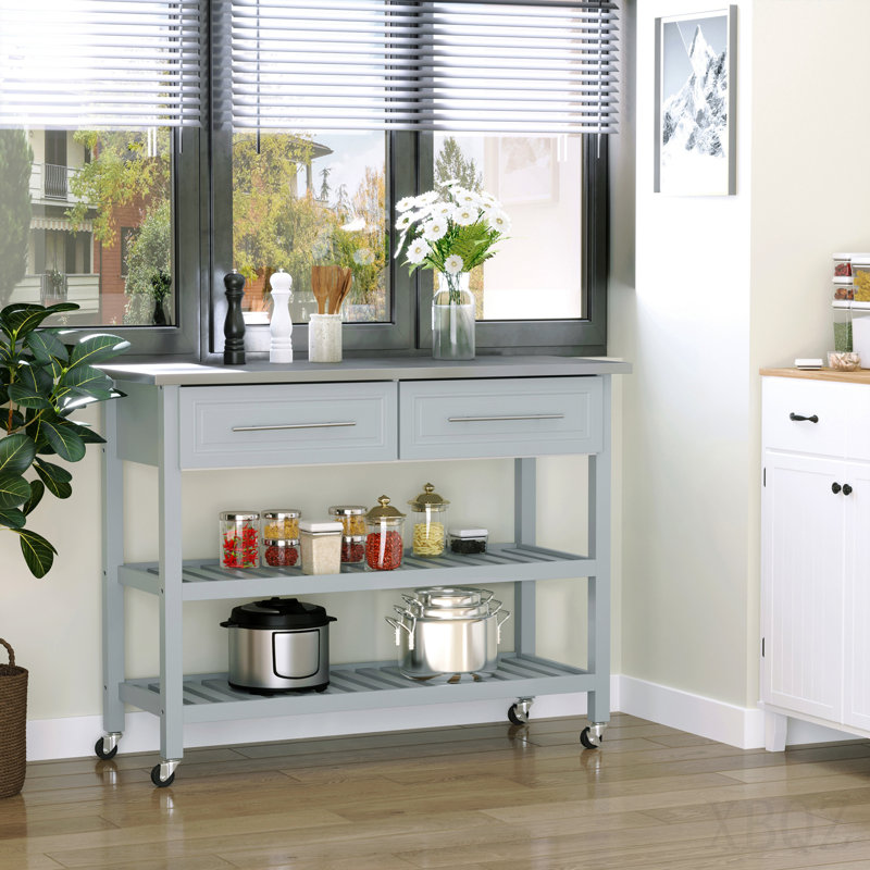 Îlot de cuisine avec plateau en acier inoxydable, îlot de cuisine traditionnel avec rangement, 2 tablettes ouvertes, tiroirs, gris clair
