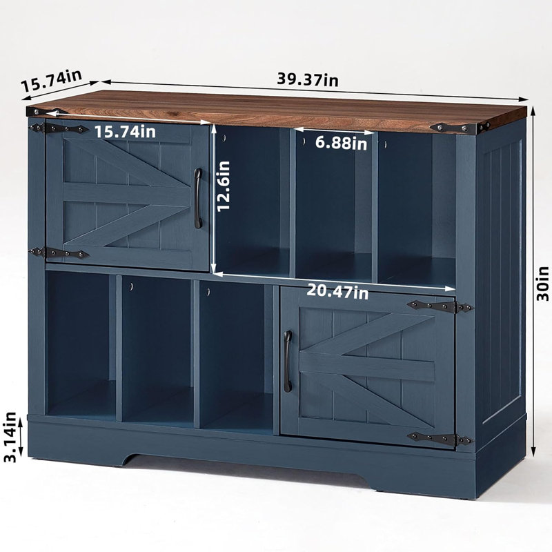 Large Record Player Stand With Vinyl Storage Up To 450 Albums, 39 Inch Farmhouse Wood Navy Blue Storage Cabinet With Barn Doors, Vintage Mid-Century Turntable Stand For Bedroom, Living Room