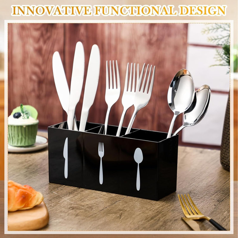 Black Acrylic Cutlery Organizer 3 Section Silverware Caddy Storage Bin