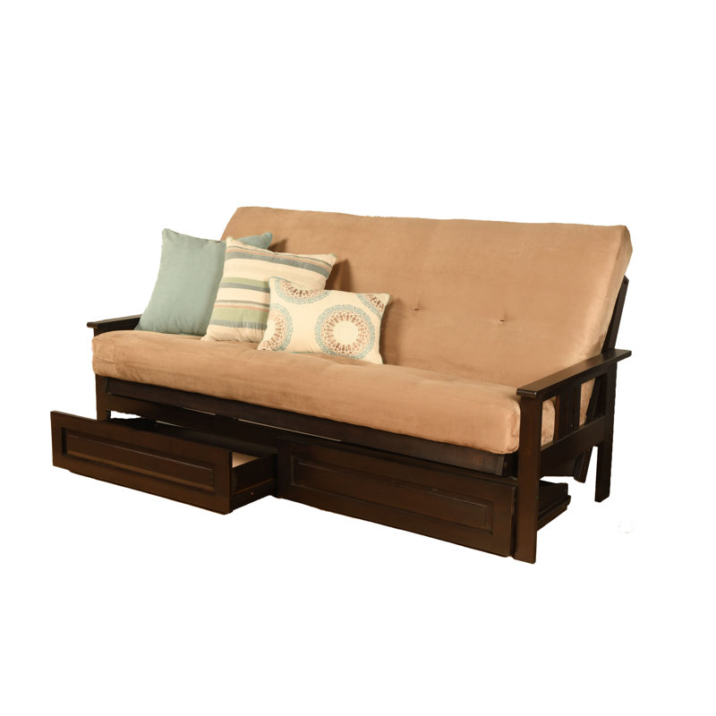 Le cadre de futon double Stratford comprend des tiroirs de rangement et un matelas, Innerspring, Microsuède tourbe suède
