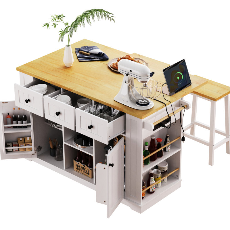53" Kitchen Island With 2 Stools, Power Input Interface, 5 Rolling Cabinet, Internal Storage Rack, Drop Leaf, 3 Drawers For Elegant & Dining, White 53Inch Bar Stools Supply Unit, Movement Cart, Cozy