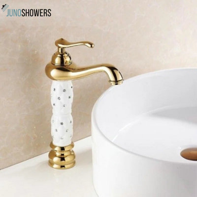 Chicago Gold Finish Luxury Tall Bathroom Sink Mixer Faucet – Single Handle by Juno