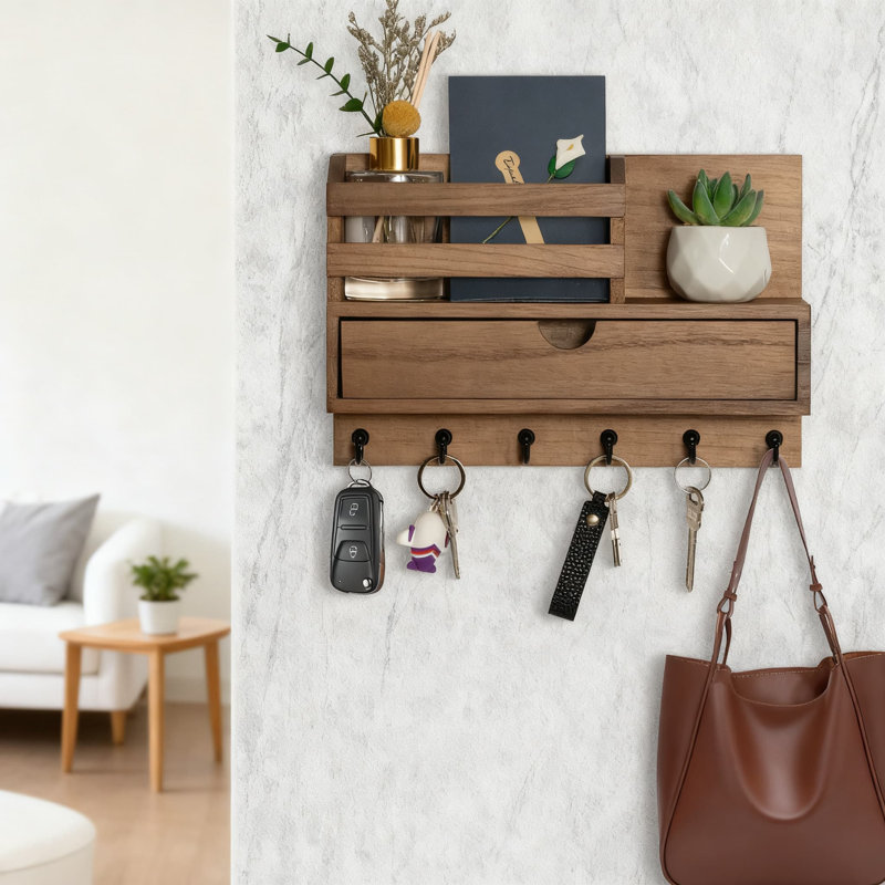 Wall Mount Key Holder With Mail Organizer, 6 Hooks And Storage Drawer, Solid Wood Entryway Decor For Keys, Mail, Wallet And Small Items