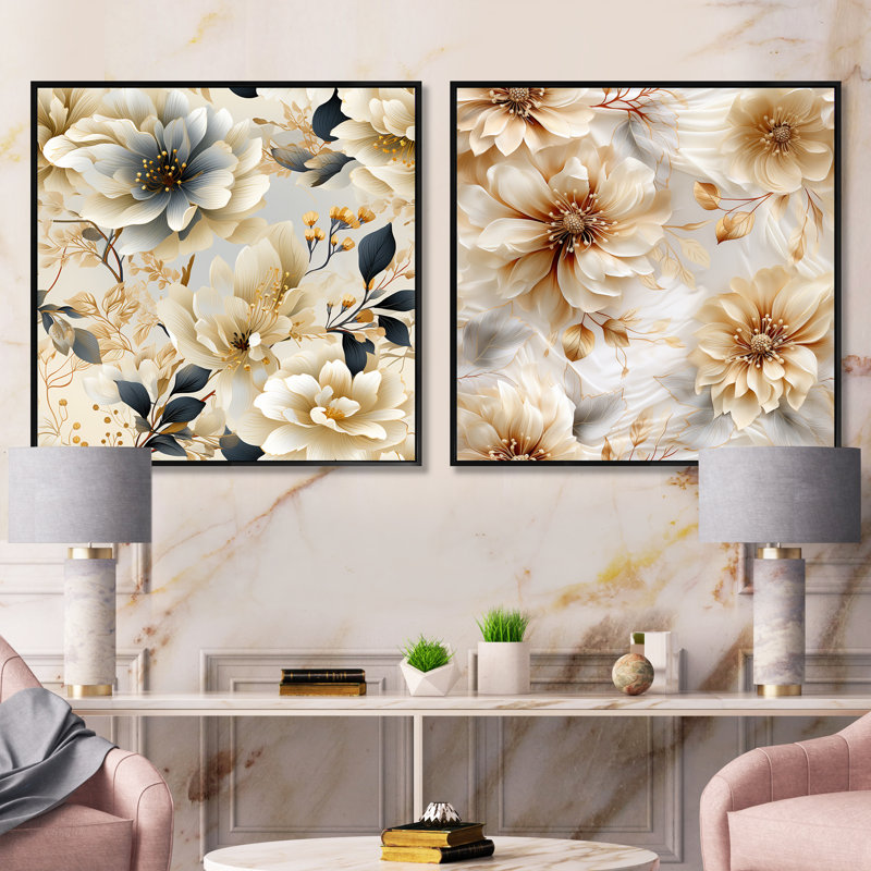 Apolline - Ensemble de 2 collages carrés floraux, Cadre flottant noir, H 16 po x l 33 po