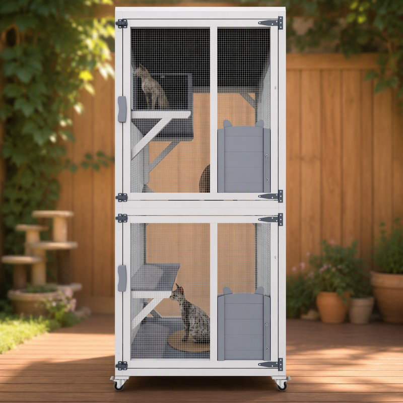 71.2" Tall Outdoor Cat Enclosure Catio with Wheels, Wooden Cat Cage, Multi-Level Cat House with Platforms, Lockable Doors & Removable PVC Mat