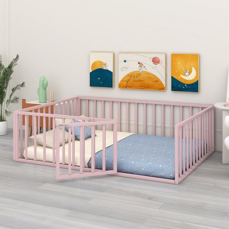 Metal Floor Bed Frame With Fence And Door, Pink, Twin