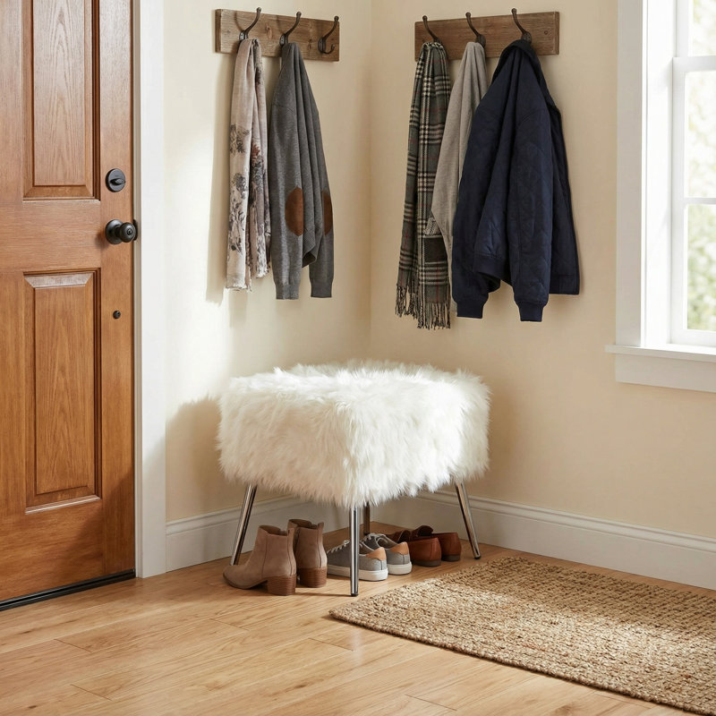 Olivia White Faux Fur Ottoman, 20"