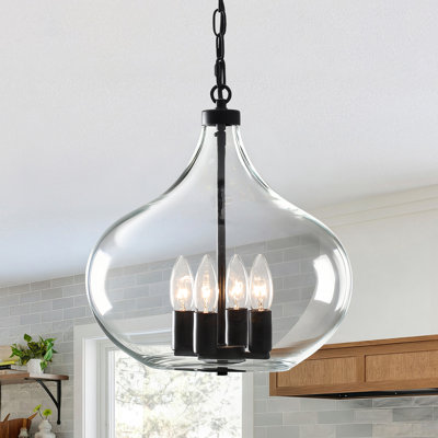 Luminaire suspendu de style campagnard à 4 lumières avec abat-jour en verre transparent de 13,39 po pour salle à manger