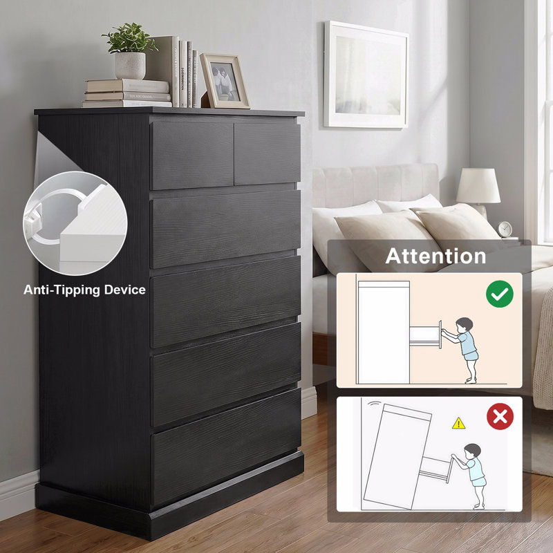 Commode 6 tiroirs pour chambre à coucher, commode haute pour chambre à coucher, commode moderne avec poignées dissimulées, armoire de rangement verticale en bois pour chambre à coucher, salon, entrée, noir