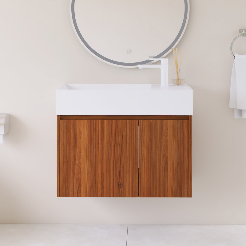 Meuble-lavabo mural simple 30 po avec plateau intégré en résine blanche, 30", Noyer
