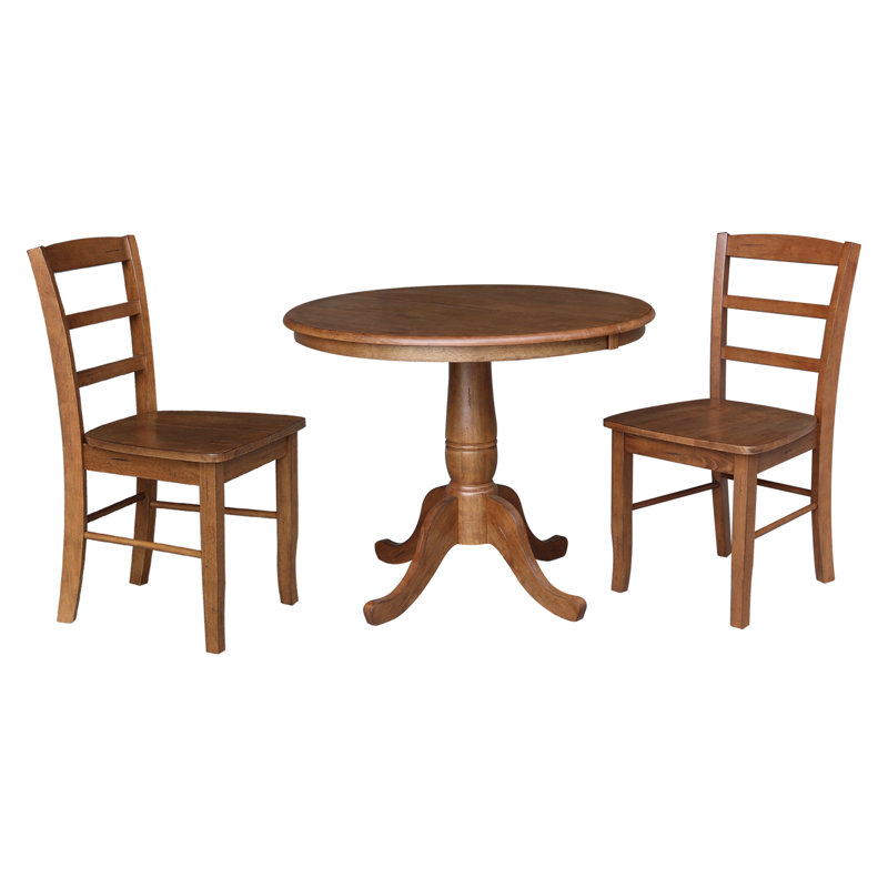 Gadmann Pedestal Extendable Solid Wood Dining Set, Distressed Oak, 3 Pieces: Table, 2 Chairs