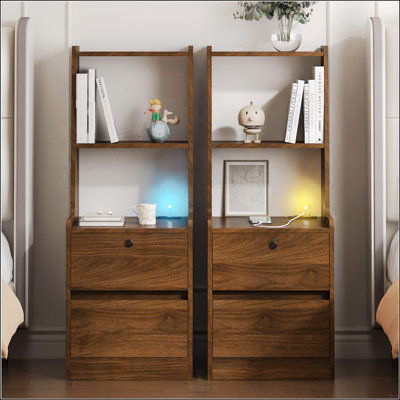 Ensemble de 2 tables de chevet, avec station de charge, table de chevet intelligente avec veilleuse, tables de chevet modernes avec bibliothèque et armoire de rangement