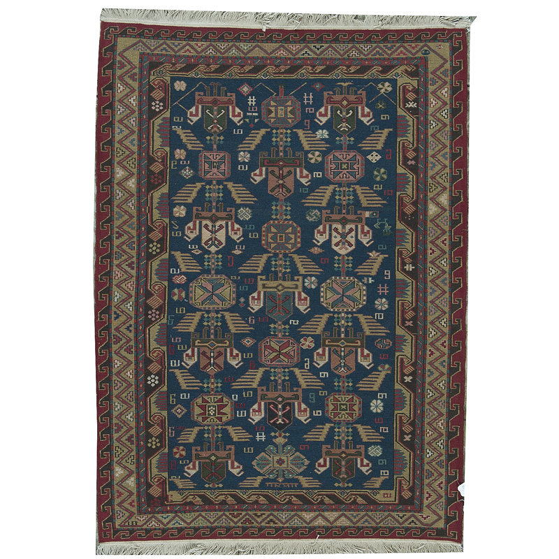 Tapis bleu et ivoire de haute qualité noué à la main