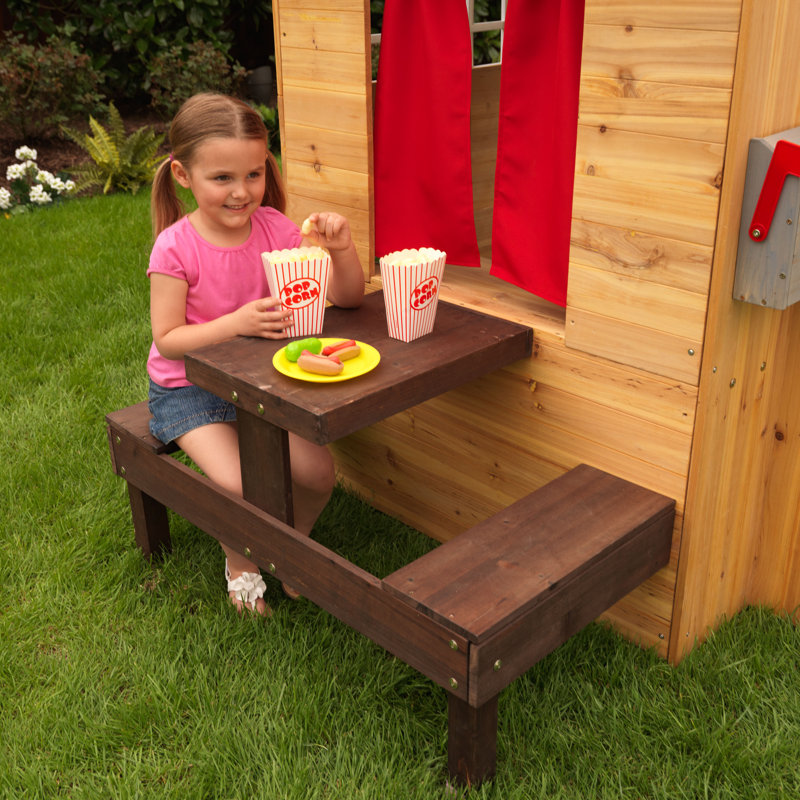Modern Outdoor Wooden Playhouse with Picnic Table, Mailbox and Outdoor Grill - Natural