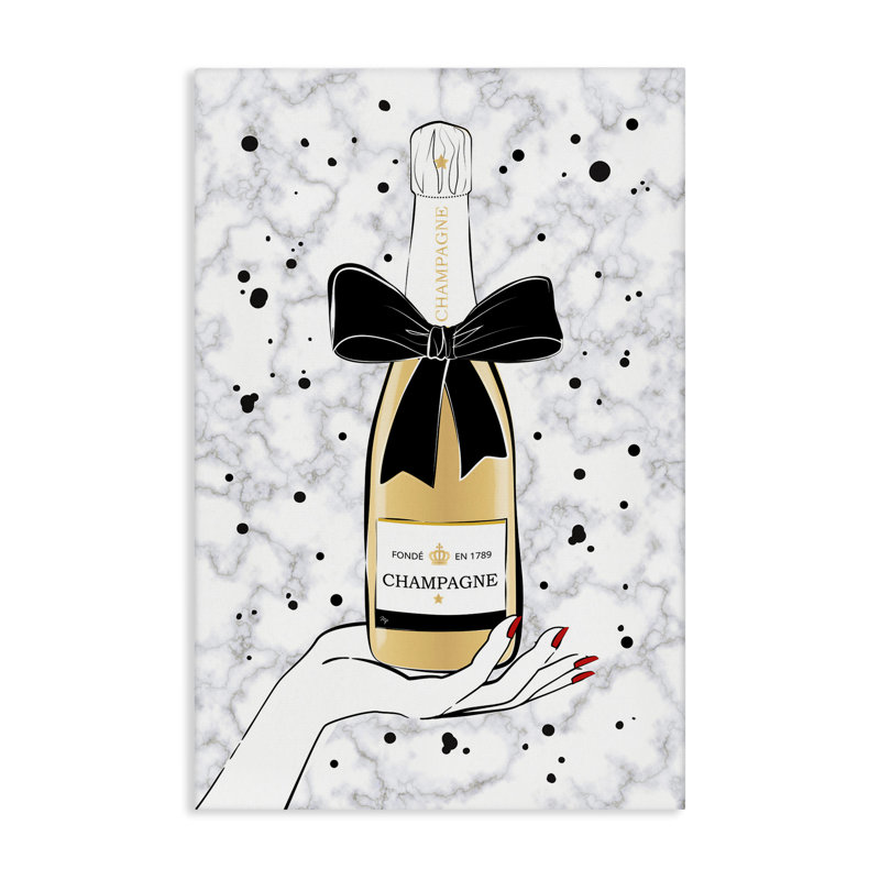 «Tenant une bouteille de champagne», art mural par Martina Pavlova, H 36 po x l 24 po