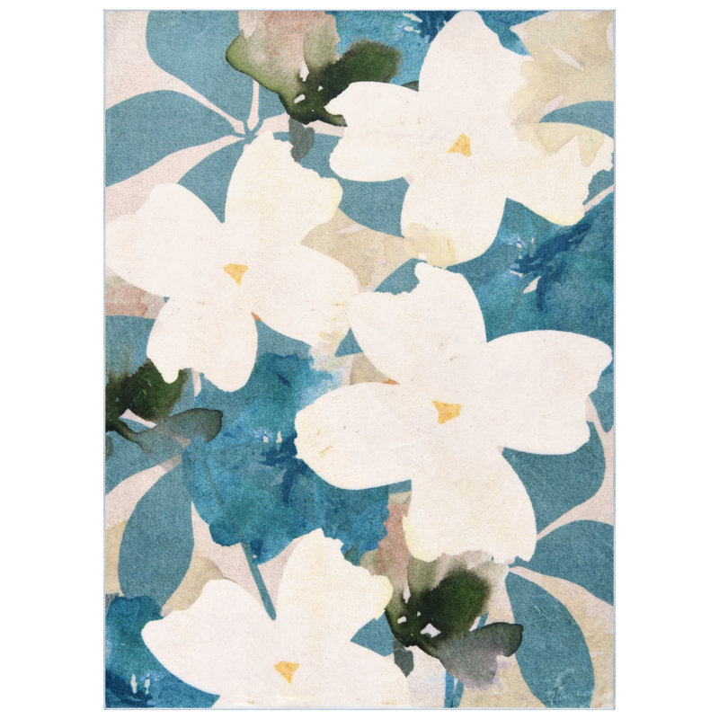 Tapis floral lavé à la main pêche, sarcelle floral 5 pi x 8 pi, tissé à la machine, 100% polyester, velours de 2 mm, antidérapant.