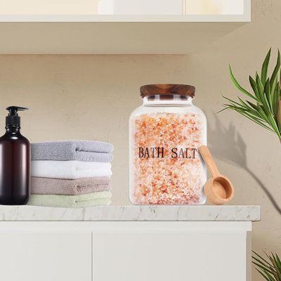 Pot de sels de bain de 2,1 litres avec couvercle en bois et pelle en verre, idéal pour organiser votre salle de bain.