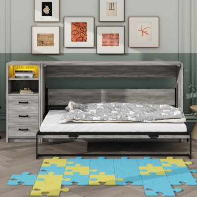 Lit escamotable simple horizontal avec tiroirs inclus et éclairage DEL