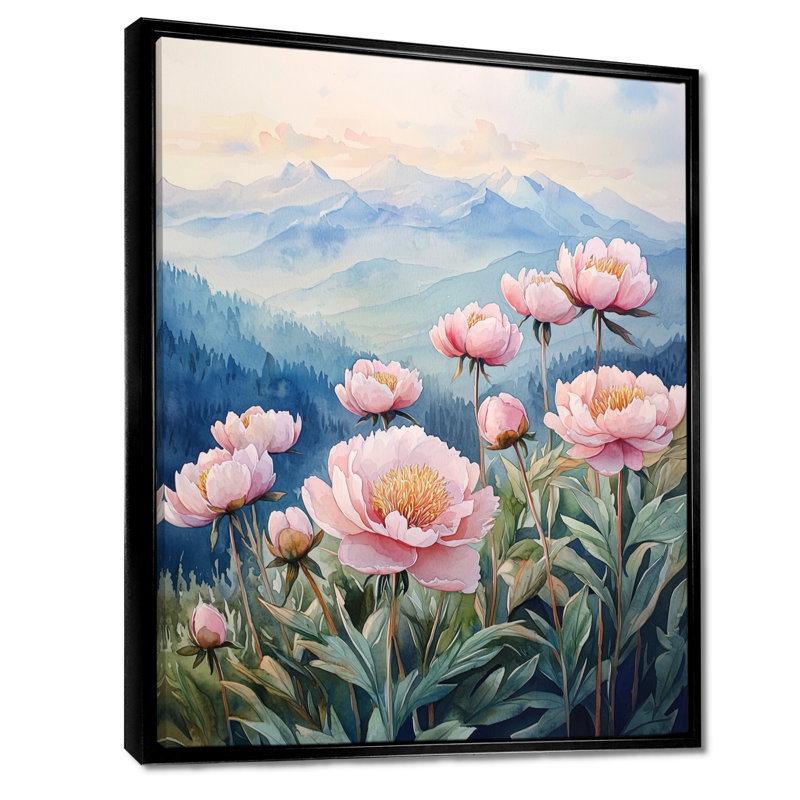 Pivoines dans la haute crête I - Pivoines, reproductions encadrées, H 32 po x l 16 po, Reproduction avec cadre flottant, Noir