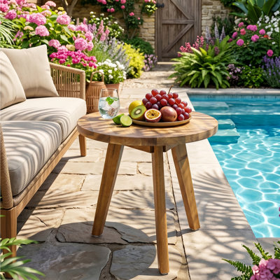 Acacia Wood Round Outdoor Patio Side Table 15.75 in W.