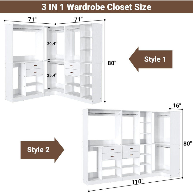 Selestina 110'' Closet System with Wooden Drawers, White