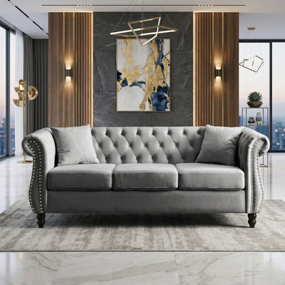 58.8" Velvet Chesterfield Loveseat with Rolled Arms, Nailhead Trim and Toss Pillows