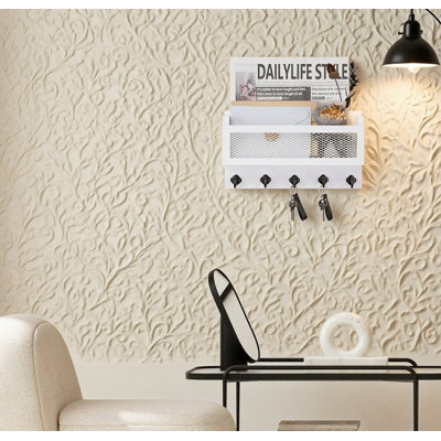 Organisateur mural de clés et de courrier mural avec 5 crochets, étagère de rangement en bois rustique pour les clés, le courrier et les petits articles essentiels