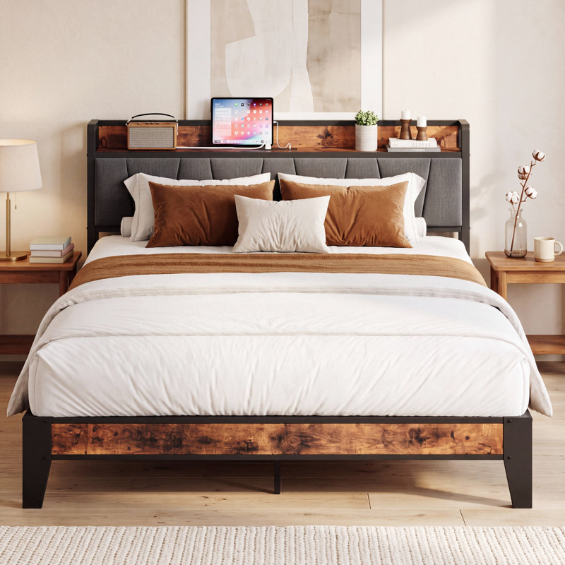 Upholstered Bed Frame with Storage Headboard and Charging Station, Solid and Stable, Noise Free, No Box Spring Needed, Easy Assembly