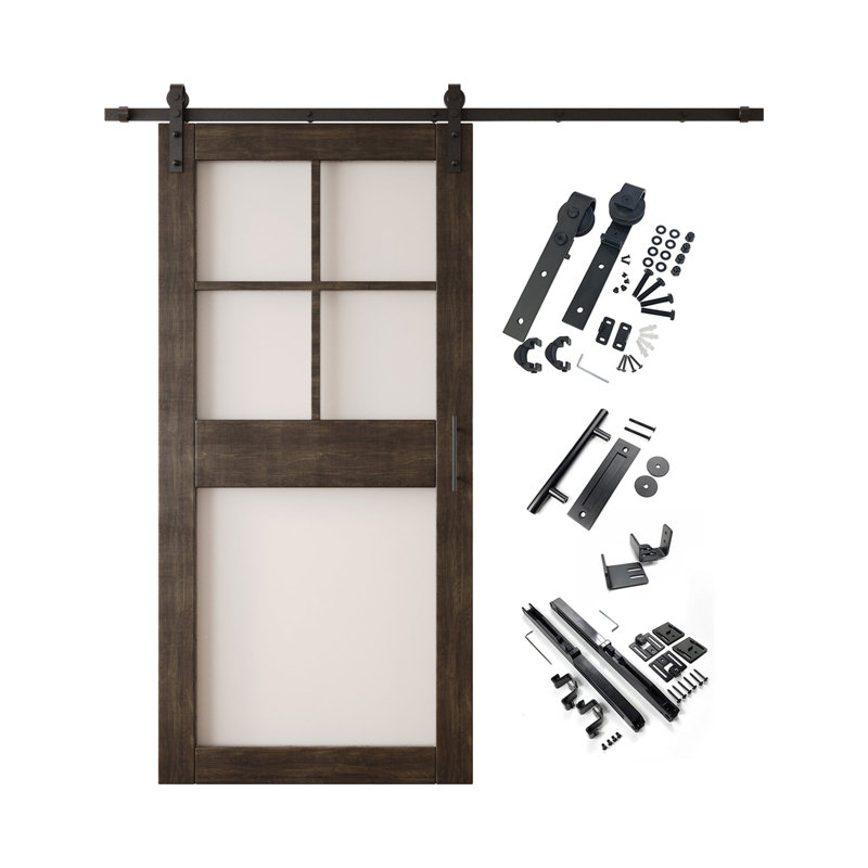 Porte de grange non assemblée et fini en verre givré 30 po x 84 po à 5 lumières Homacer Ebony avec trousse de quincaillerie d'installation sans dérivation, rail de 5,5 pi, utilisation intérieure seulement