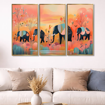 «Elephant Family at Sunset - Black African», impression sur toile