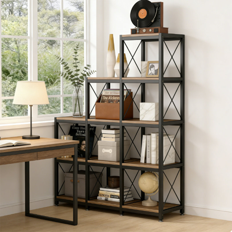 Étagère de rangement à échelle industrielle, étagère à 5 niveaux en brun rustique avec 12 compartiments et 9 cubes de rangement pour l'organisation et la présentation du bureau personnel