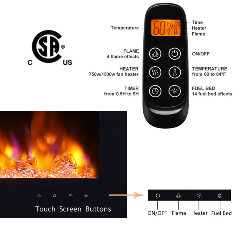 Contemporary 40 Inches Recessed Electric Fireplace for 2 X 6 Stud, 14 Fuel Bed Colors - Realistic 4 Flame Colors, 1500/750 Watt Heater, Thermostat and Timer Set by Remote, Log - Crystal, Black