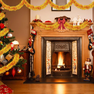 50ft Gold Christmas Tree Tinsel Garland for Holiday Decoration | 3.5in Wide Shiny Christmas Tinsel, Reusable PVC Gold Tinsel Garland, for Xmas Tree Mantels Stairs Ceiling Hanging Decor