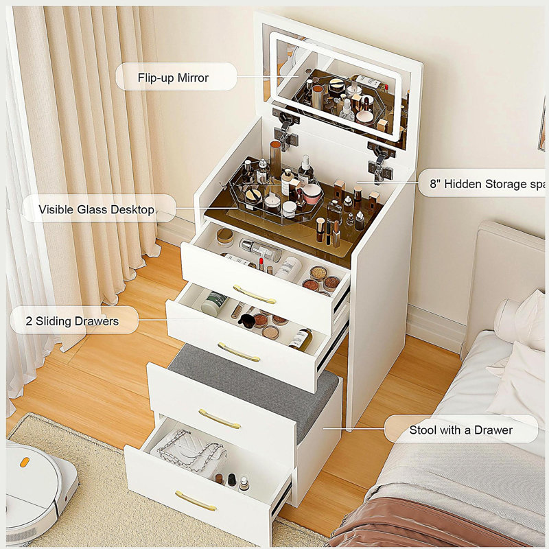 Bureau de coiffeuse 3 en 1 avec miroir ouvert, petit ensemble de coiffeuse avec bureau en verre visible, coiffeuse de maquillage compacte avec 3 tiroirs, coiffeuse pour chambre à coucher