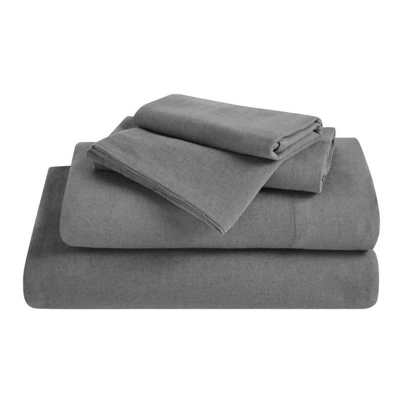 Orion Cotton Linen Blend Garment Washed Deep Pocket Bed Sheet Set, Full Sheet 4pc Set, Charcoal