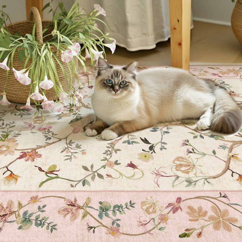 Chinoiserie Vintage Floral Rug Washable Non-slip, Rectangle 2' x 3', Pink