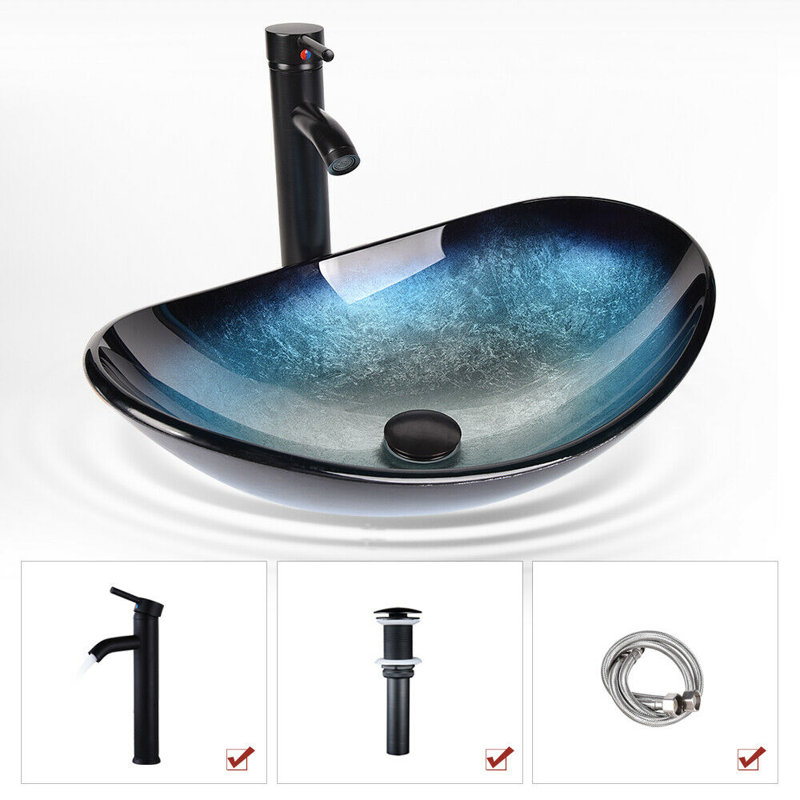 Wade Logan® Beyo 21'' Tempered Glass Oval Bathroom Sink with Faucet, Blue, Black