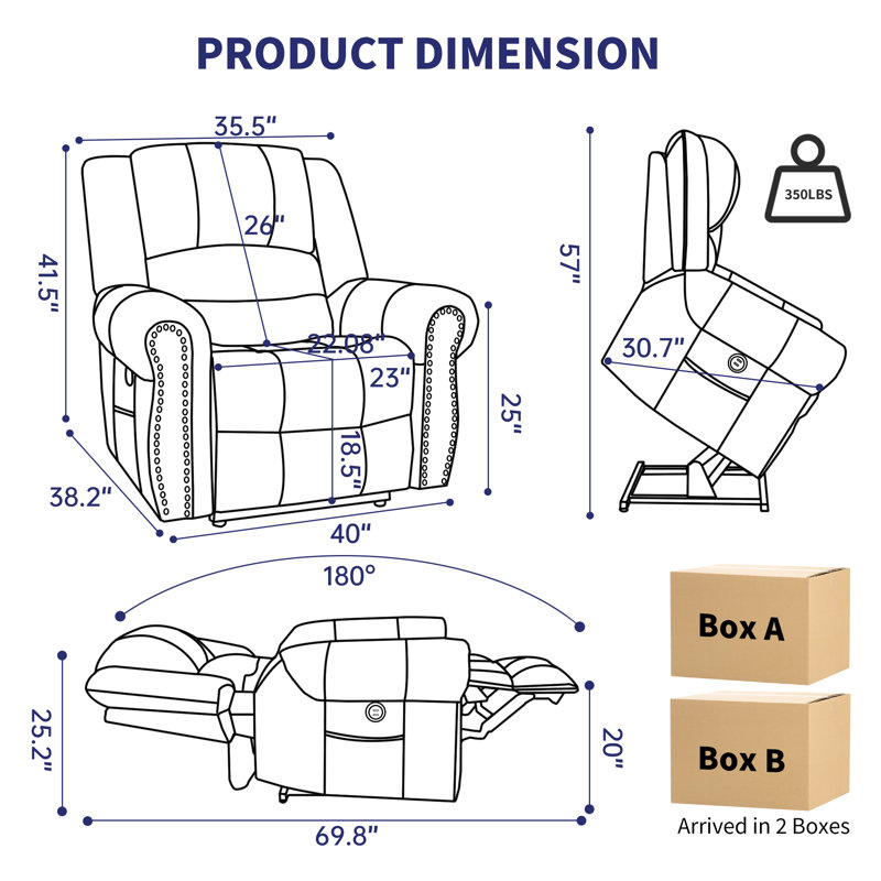 Aura 40" W Dual Motor Power Lift Recliner Infinite Position With Heat And Massage, Gray Breathing Leather