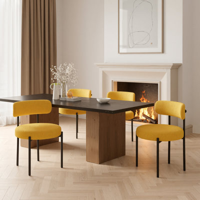 Dining Chairs Modern Teddy Fabric Upholstered Chairs with Curved Backrest and Black Metal Legs