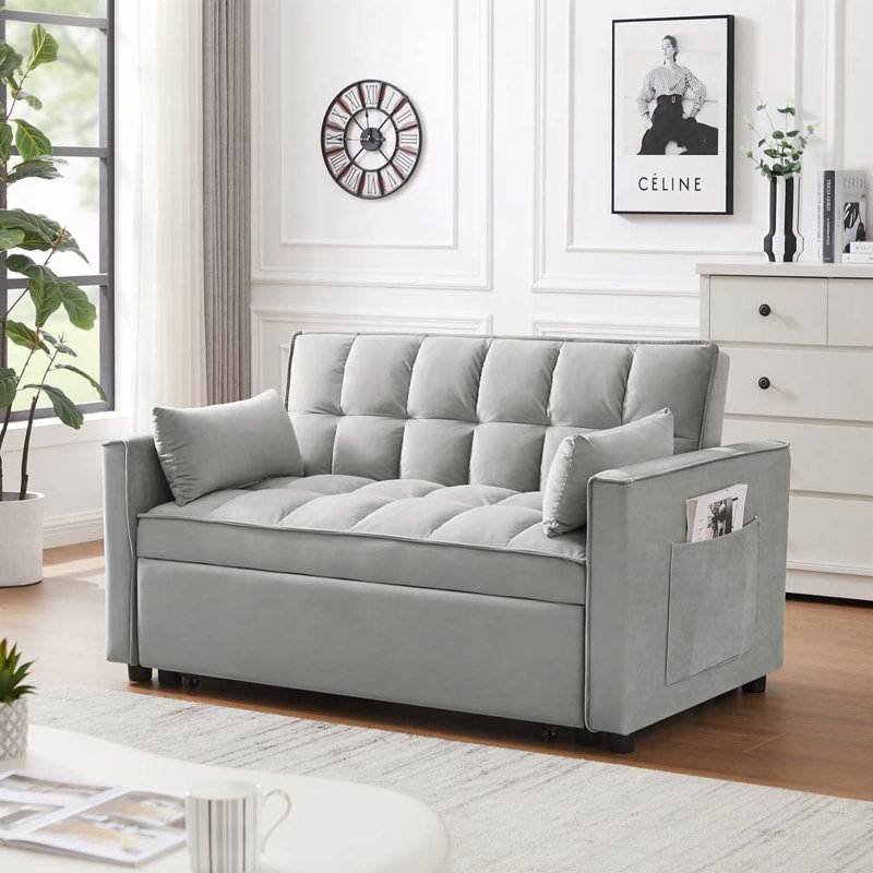 Canapé-lit en velours avec futon et causeuse, Gris