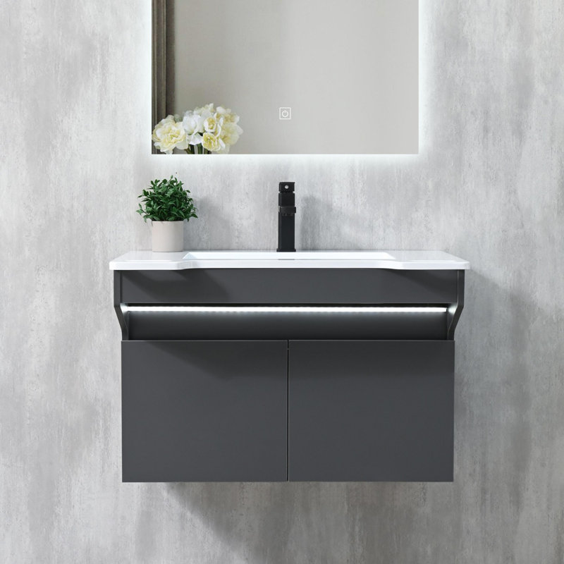 32'' Wall Mounted Single Bathroom Vanity with Solid Surface Top, Motion Sensor LED Light, Gray