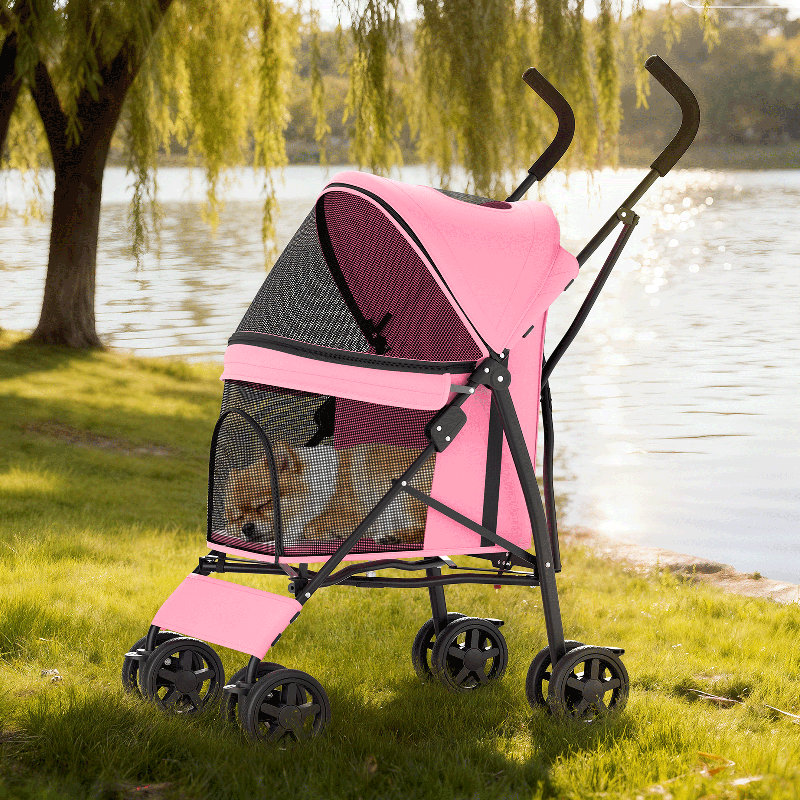 Foldable Lightweight Pet Stroller for Cats & Dogs 4-Wheel Standard Trolley for Pets, Pink