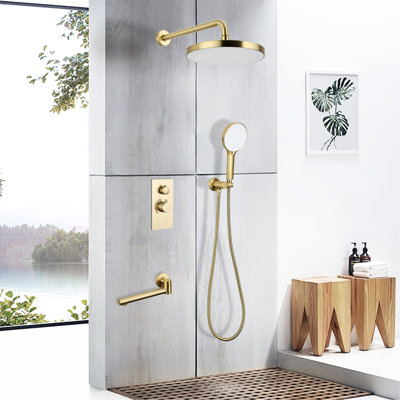 Système de douche de luxe avec douche de tête de 10 po, douchette à 3 jets et bec de baignoire à réglage précis de l'eau, tête de salle de bain murale, finition dorée brossée, contrôle de débit