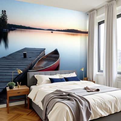 Peel and Stick Wallpaper Canoe by Dock Muskoka Canada Wall Murals 100"H x 144"W Removable PVC Wall Paper Self-Adhesive Wall Decor for Bedroom Living Room Home Office