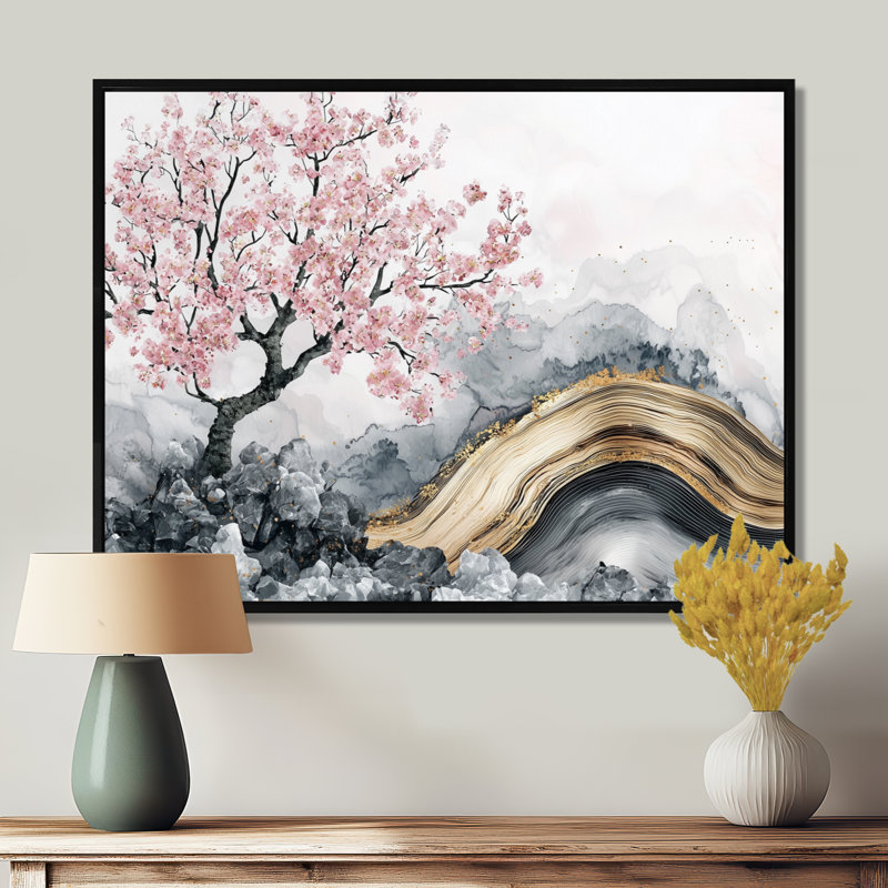 Marbre cerisiers en fleurs, poésie des pétales II - art mural cerisier en fleurs, H 30 po x l 40 po, Cadre flottant, Noir