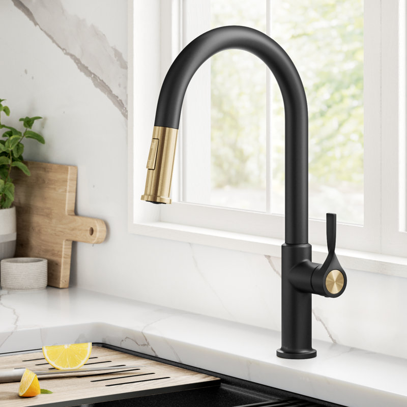 Kraus Torak 2-Function Single Handle Pull Down Kitchen Faucet, Brushed Brass/Matte Black