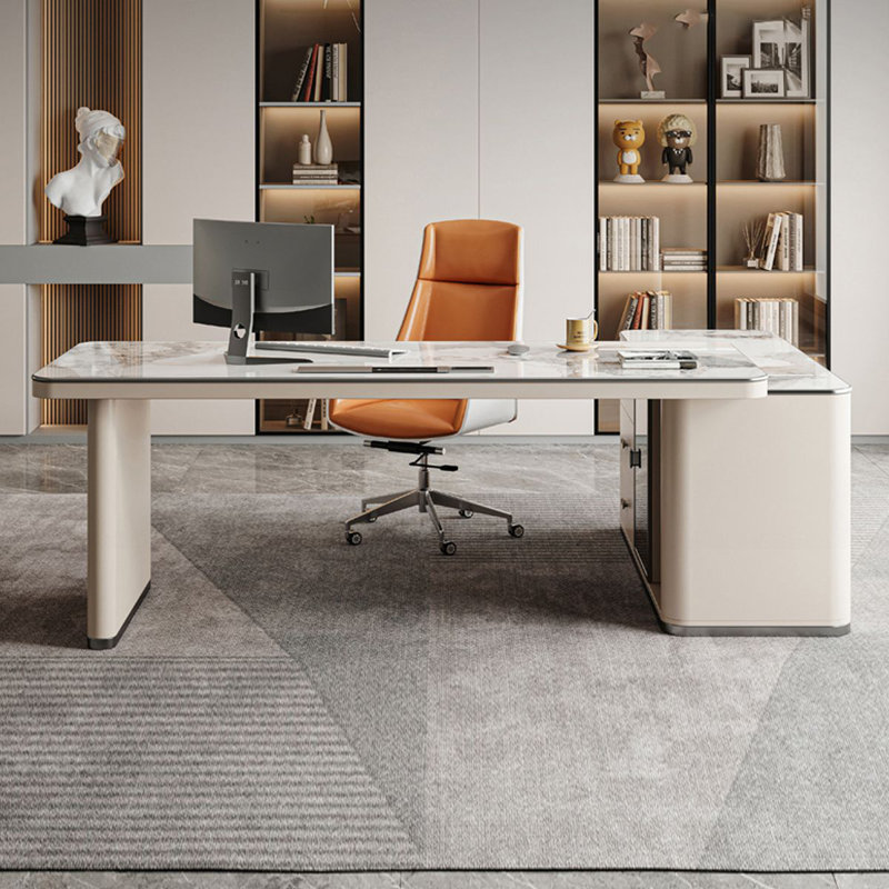 Bureau blanc / blanc + beige pierre rectangulaire + bois manufacturé avec 3 tiroirs, Retour à gauche