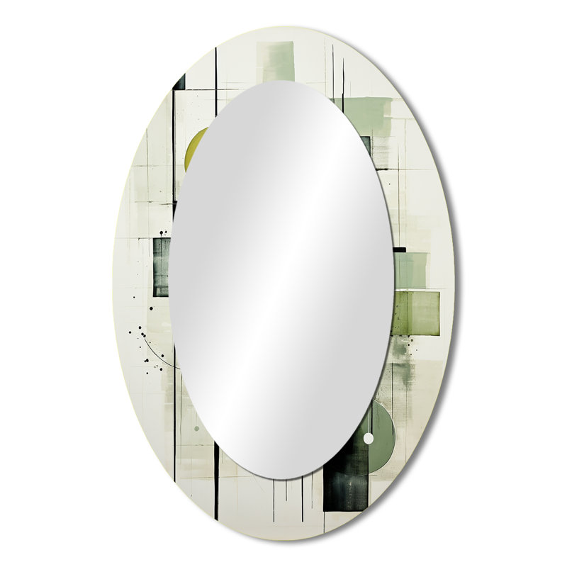 Olive Orbits Abstract Shapes - Green Oval Wall Mirror Decor, 36" x 24"