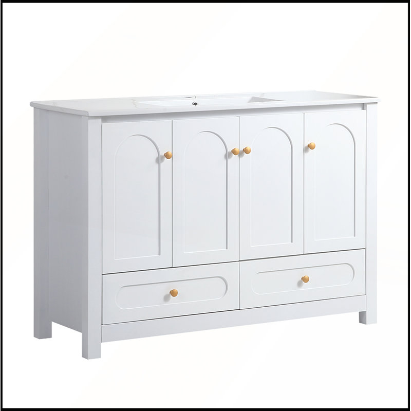 Meuble-lavabo blanc 48 po avec lavabo en résine et rangement abondant, portes et tiroirs à fermeture en douceur pour une élégance moderne