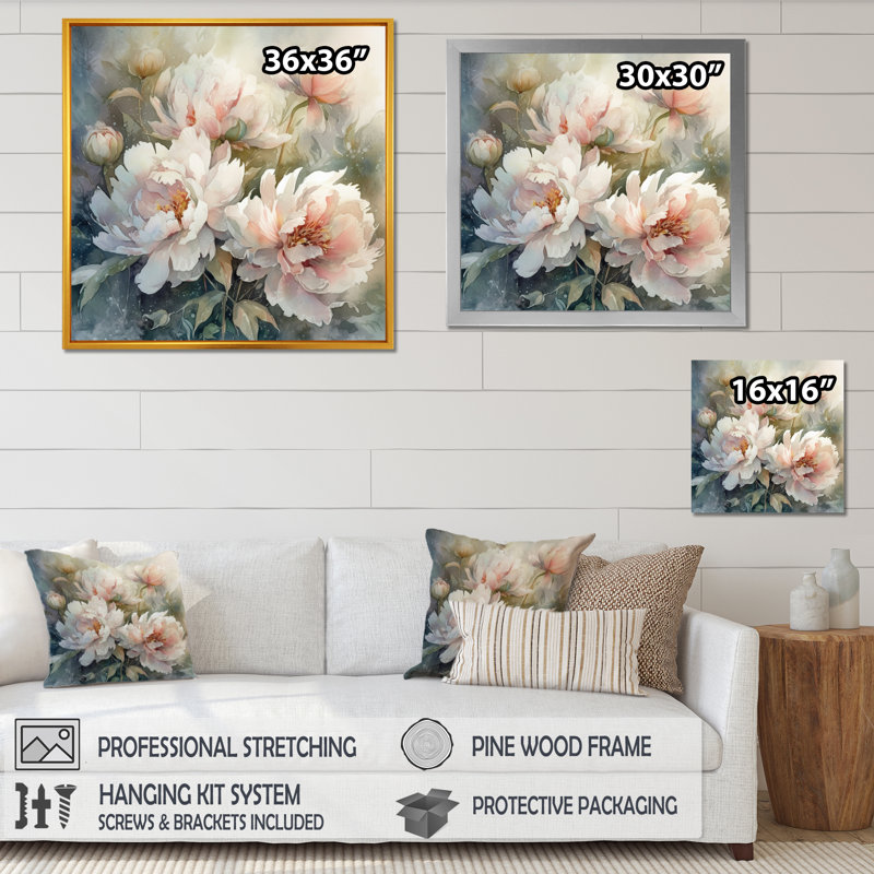 Pivoines roses et vertes sur une branche II - pivoines, art mural, H 16 po x l 16 po x P 1 po, Cadre flottant brun